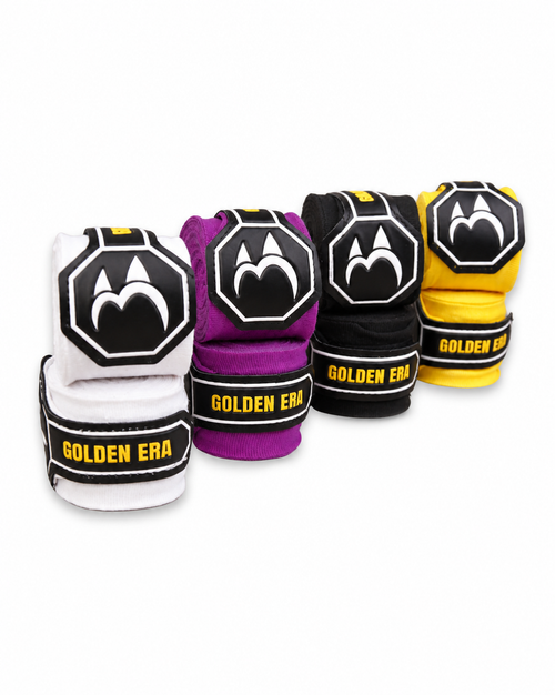 PAW Golden Era Boxbandagen in Weiß, Lila, Schwarz und Gelb mit Markenlogo und Klettverschluss – Handbandagen für Boxen und Kampfsport.