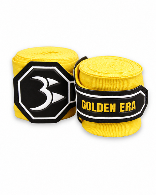 Gelbe PAW Golden Era Boxbandagen mit schwarzem Logo und Klettverschluss – Handbandagen für Boxen, Kickboxen und Kampfsport.