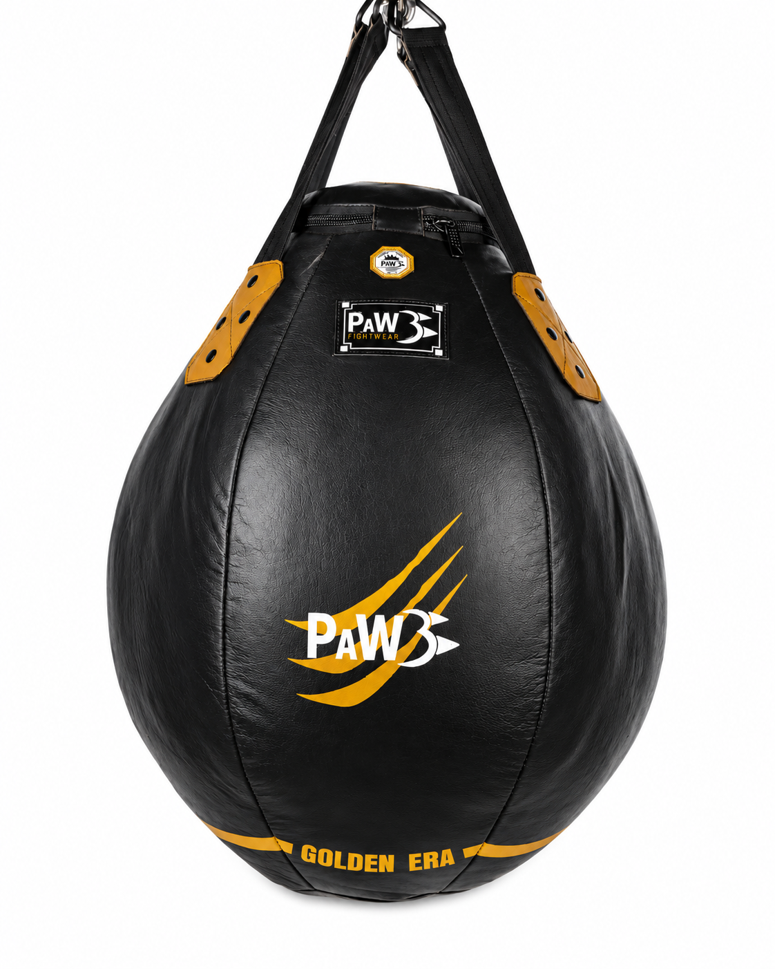 Schwarzer PAW Golden Era Uppercut Boxsack aus Echtleder in Tropfenform mit goldfarbenem PAW Logo und Nylon-Aufhängung für Boxen und Muay Thai.