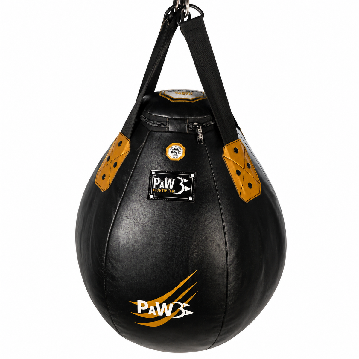 PAW Golden Era Uppercut Boxsack aus schwarzem Echtleder mit tropfenförmigem Design, goldenen Akzenten und robuster Aufhängung für Boxtraining und Kickboxen.