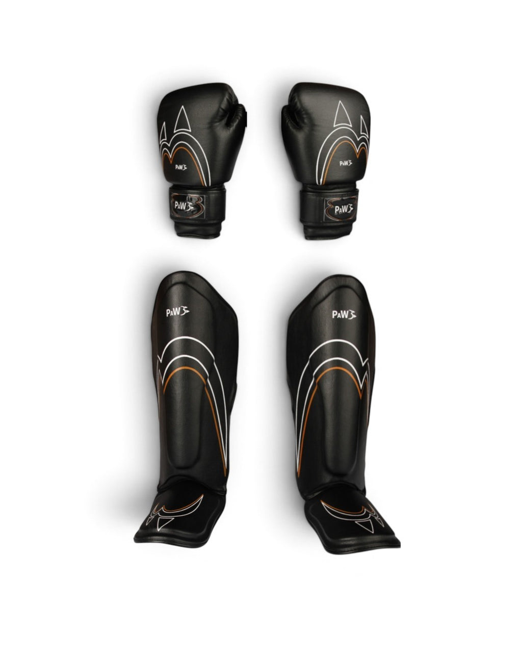 PAW CORE BLACK Boxhandschuhe und Schienbeinschoner Set für Muay Thai und Kickboxen
