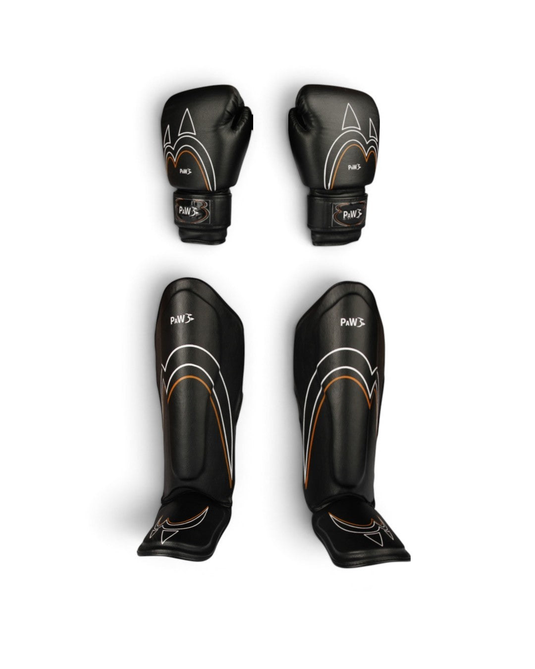 PAW CORE BLACK Boxhandschuhe und Schienbeinschoner Set für Muay Thai und Kickboxen